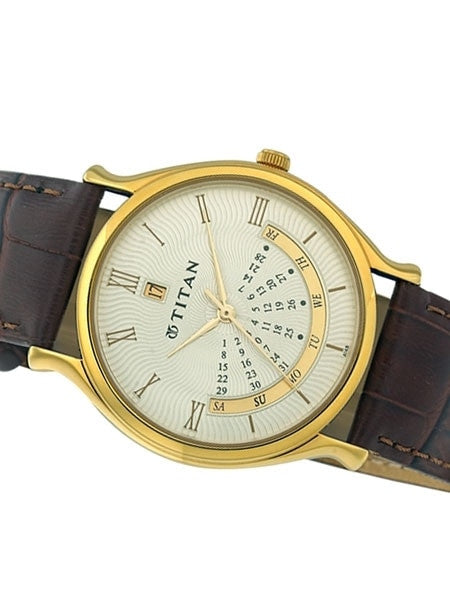 Titan Goldtone Classique Dress Watch with Precision Quartz Movement and Leather Strap #1482YL03