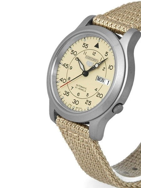 Seiko 5 Military Tan Dial Automatic Watch with Tan Canvas Strap