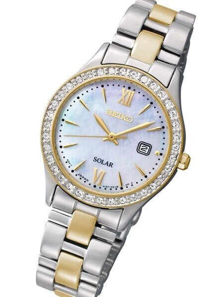 Seiko Two-Tone Women's Solar Dress Watch with Swarovski Crystal Bezel, Mother of Pearl Dial #SUT074