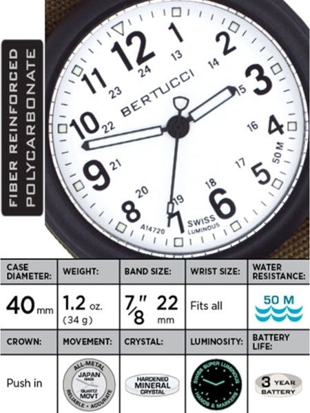 Bertucci DX3 Canvas Polycarbonate Unibody Watch, Sahara Comfort Band, Patrol Khakiâ¢ Dial - 11092