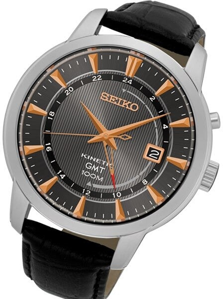 Seiko Kinetic GMT Watch with 43.6mm Stainless Steel Case and a Leather Strap #SUN063