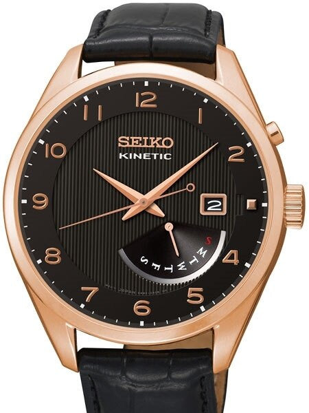 Seiko Core Series Kinetic Watch with 42mm Rose Goldtone Case and Leather Strap #SRN054