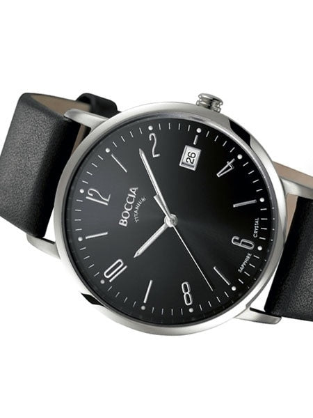 Boccia Mens Quartz Dress Watch with 40mm Titanium Case, Sapphire Crystal and Leather Strap #3557-02