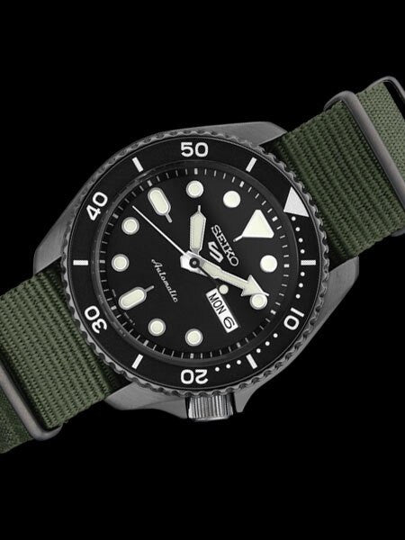 Seiko 5 Sports 24-Jewel Automatic Watch with Textured Black Dial and Nylon Strap #SRPD91