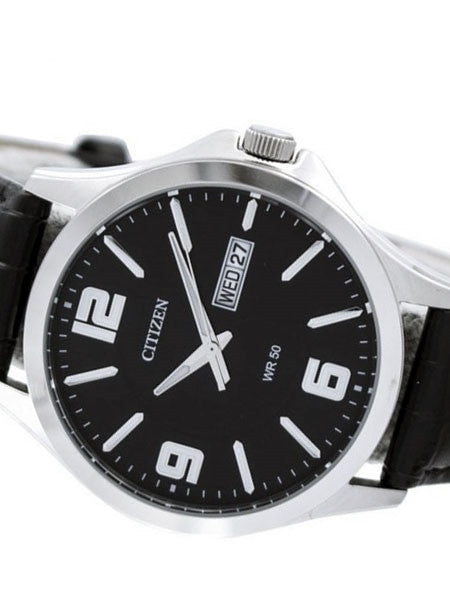 Citizen Quartz Casual Watch with Black Aviator-Style Dial and Leather Strap #BF2001-04E