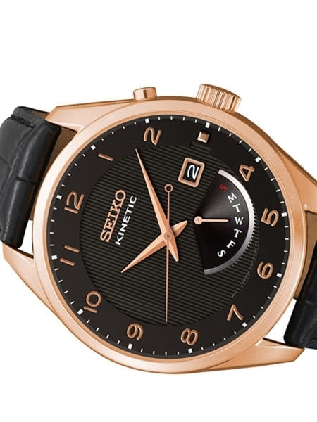 Seiko Core Series Kinetic Watch with 42mm Rose Goldtone Case and Leather Strap #SRN054