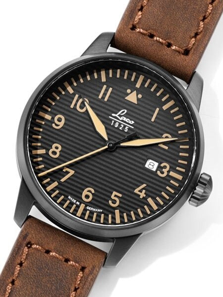 Laco St. Gallen Quartz Pilot Watch with 42mm PVD Case and Corrugated Dial #861973