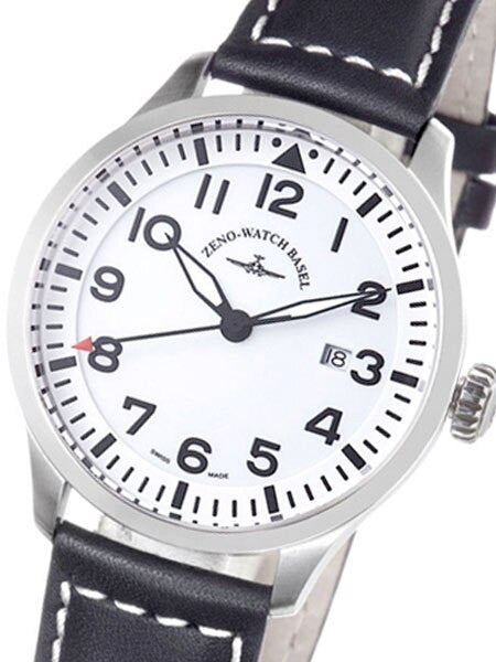Zeno Mens Navigator Watch with White Dial, Black Leather Strap and Swiss Quartz Movement #6569-515Q-I2