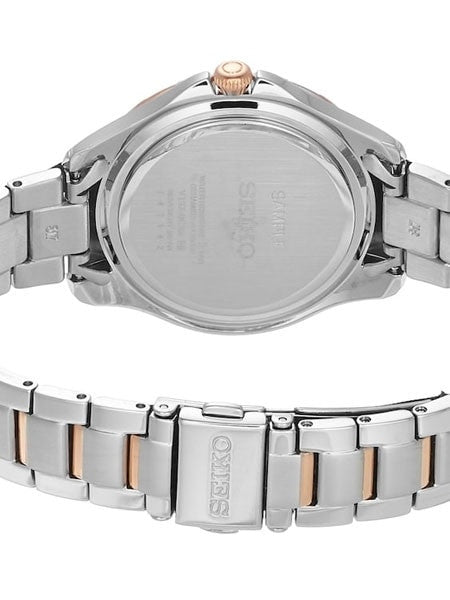 Seiko Two-Tone Women's Solar Dress Watch with MOP Dial, Rose Goltone Hands and 8 Diamond Markers #SUT340