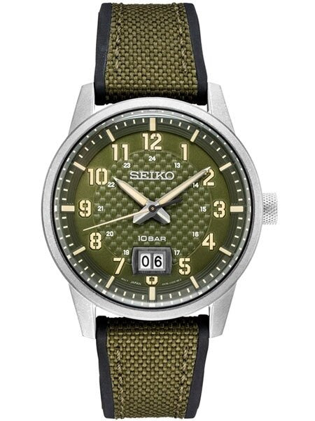 Seiko 41mm Big Date Quartz Sport Watch with Carbon Fiber Style Dial #SUR323