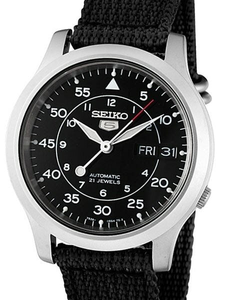 Scratch and Dent - Seiko 5 Military Black Dial Automatic Watch,  Black Canvas Strap #SNK809K2