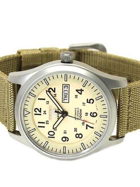 Seiko Military Creme Dial Automatic Watch with 42mm Case, Tan Canvas Strap #SNZG07K1