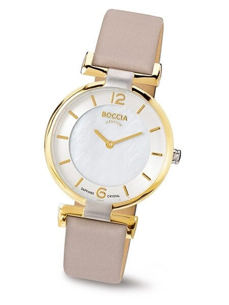 Boccia Ladies Quartz Watch with Goldtone Titanium and beige leather strap #3238-02
