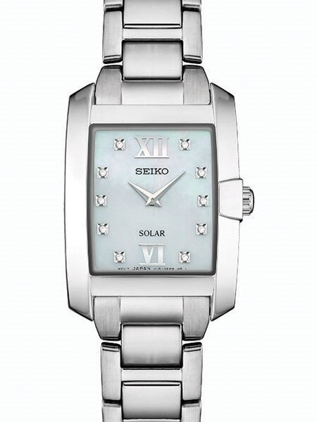 Seiko Women's Solar Dress Watch with 10 Diamond Hour Markers, Mother of Pearl Dial #SUP377