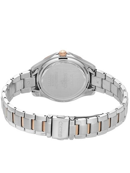 Seiko Two-Tone Women's Solar Dress Watch with MOP Dial, Rose Goltone Hands and 8 Diamond Markers #SUT340