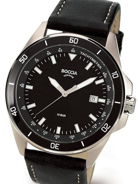 Boccia Mens Black Dial Quartz Sport Watch with 44mm Titanium Case and Leather Strap #3577-06