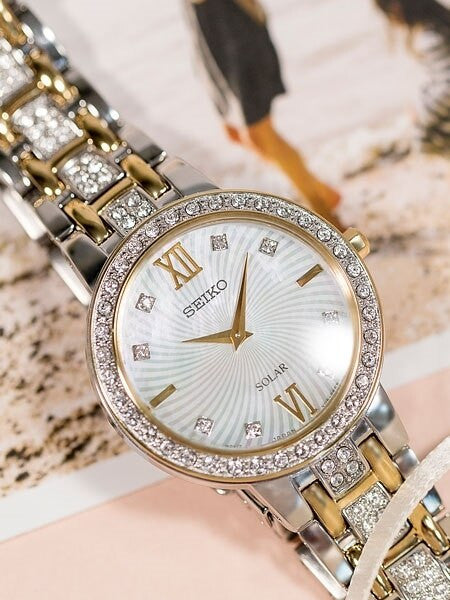 Seiko Ladies Solar Dress Watch with Swarovski Crystals, Mother of Pearl Dial #SUP360