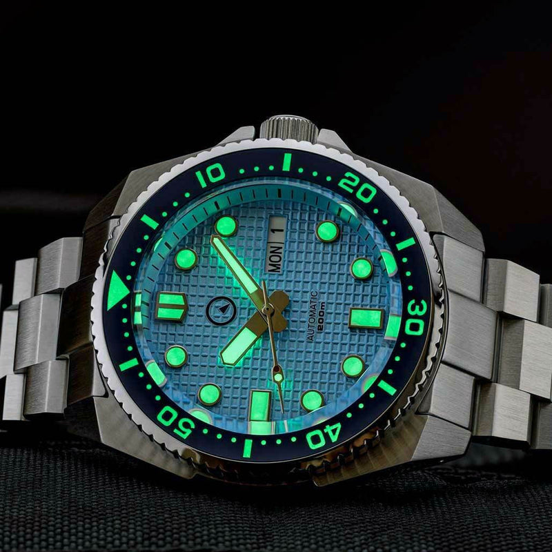 Islander Ice Blue Waffle Dial Automatic Dive Watch with AR DD Sapphire Crystal, and Luminous Ceramic Bezel Insert #ISL-67