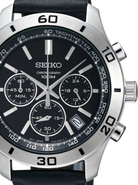 Seiko Quartz Chronograph with 24-hour Sub-Dial on a Black Leather Strap #SSB049p2