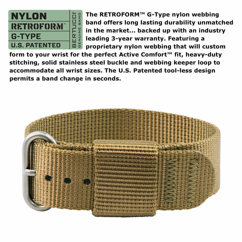 Bertucci retro-inspired Retroform field watch with a USA movement, 5 year battery and G-Type nylon band #11601