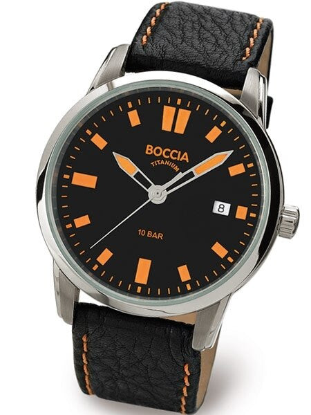 Boccia Mens Quartz Sport Watch with 41mm Titanium Case and Black Leather Strap #3573-01