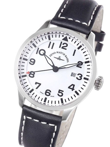 Zeno Mens Navigator Watch with White Dial, Black Leather Strap and Swiss Quartz Movement #6569-515Q-I2