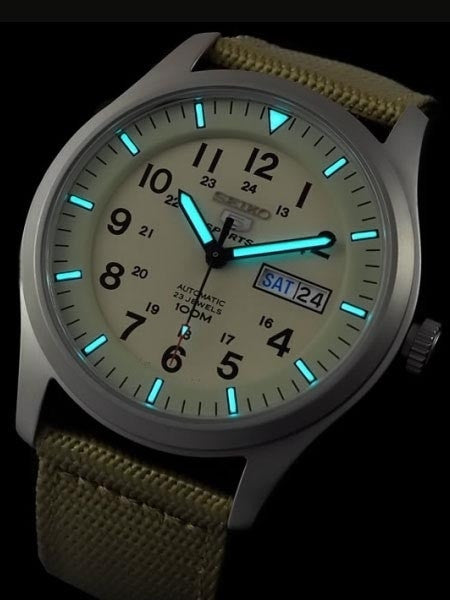 Seiko Military Creme Dial Automatic Watch with 42mm Case, Tan Canvas Strap #SNZG07K1
