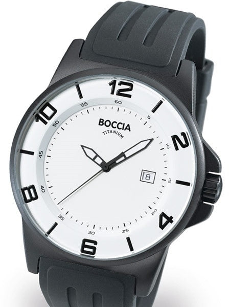 Boccia Mens White Dial Quartz Sport Watch with 45mm Black Titanium Case and Rubber Strap #3535-06