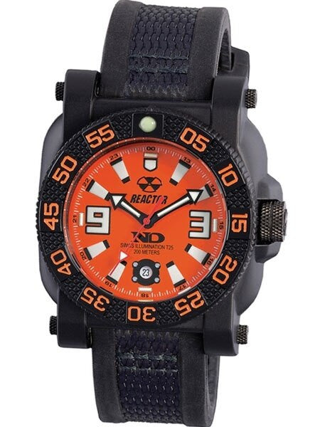 Reactor Gryphon Watch with Never Dark Illumination, Black Nitromid Polymer, Steel Core Case and Rubber Strap #73808