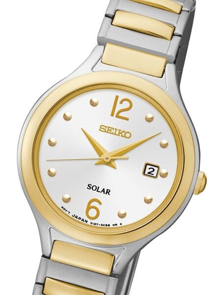 Seiko Two-Tone Women's Solar Dress Watch with White Dial, Goltone Hands and Markers #SUT178