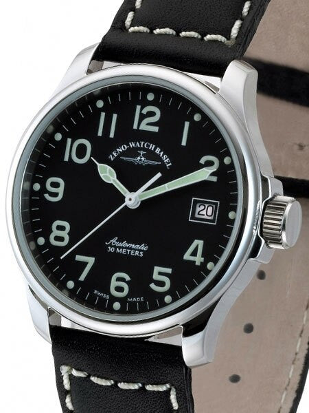 Zeno Mens Pilot Watch with Black Dial, Black Leather Strap and Swiss Automatic Movement #12836-a1