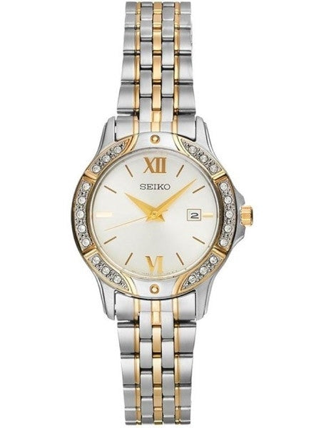 Seiko Two-Tone Women's Quartz Dress Watch with Swarovski Crystal Bezel, Mother of Pearl Dial #SUR864