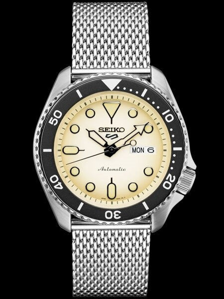 Seiko 5 Sports 24-Jewel Automatic Watch with Biege Dial and Mesh Bracelet #SRPD67