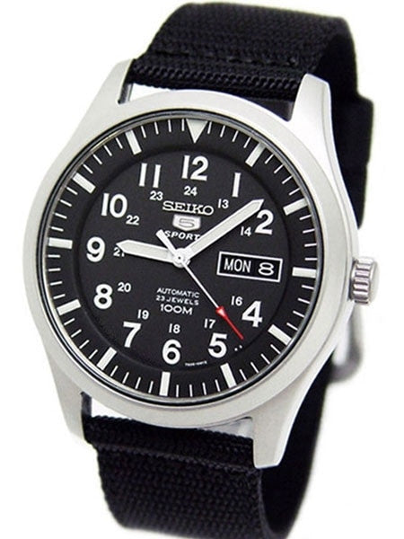 Seiko Military Black Dial Automatic Watch with 42mm Case, Black Canvas Strap #SNZG15K1