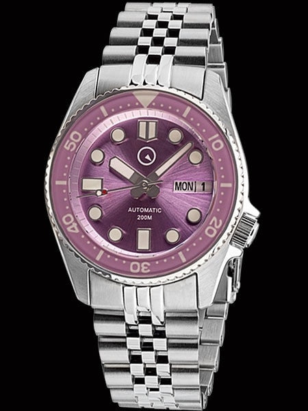 Islander 38mm Automatic Purple Dive Watch with Solid-Link Bracelet, AR Double Dome Sapphire Crystal, and Luminous Sapphire Bezel Insert #ISL-64