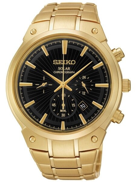 Seiko Goldtone Solar Chronograph with 60-Minute Stopwatch and 24-Hour Sub-Dial #SSC320