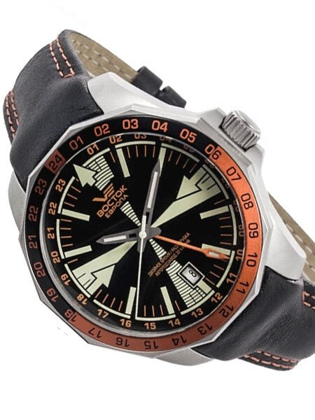 Vostok-Europe Radio Room, Dual Time Automatic Watch with an Orange and Black Bezel #2255220