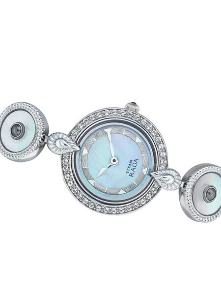 Titan Ladies Raga, Blue MOP Dial Quartz Watch with Swarovski Crystal Bezel and Fancy Bracelet #9903SM01