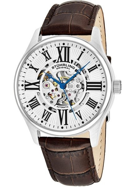 Stuhrling 42mm Atrium Automatic Watch with Semi-Skeleton, Silver-White Dial #747.01