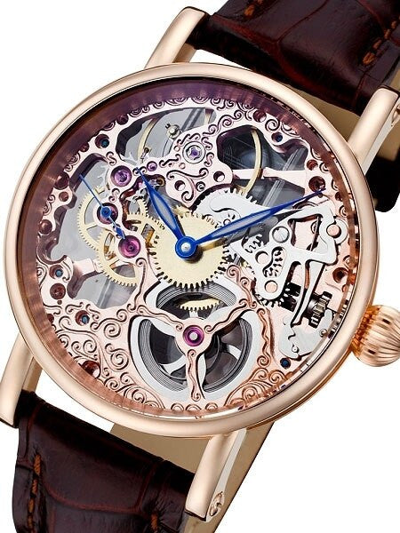 Rougois Hand Wind Decorated Skeleton Movement Watch with Rose Goldtone Case #RS10005