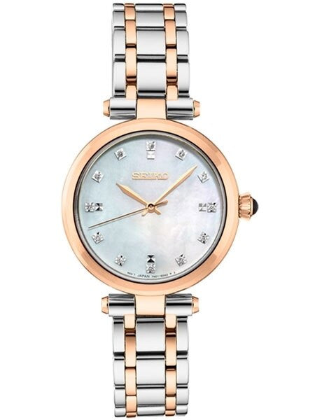 Seiko Ladies Quartz Dress Watch with with 12 Diamond Hour Markers, Mother of Pearl Dial #SRZ534