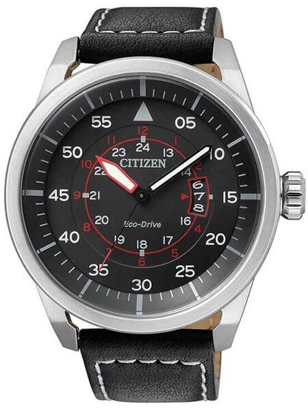 Citizen Eco-Drive Black Dial Pilot Watch with Black Leather Strap #AW1360-04E