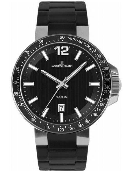 Jacques Lemans Milano 42MM Quartz Watch with a Black Dial and Tachymeter Bezel #1-1695A