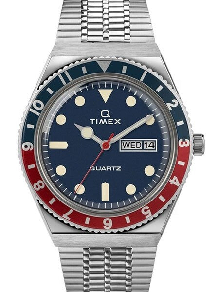 Timex Q 38mm Quartz Reissue Watch with Blue Dial and Stainless