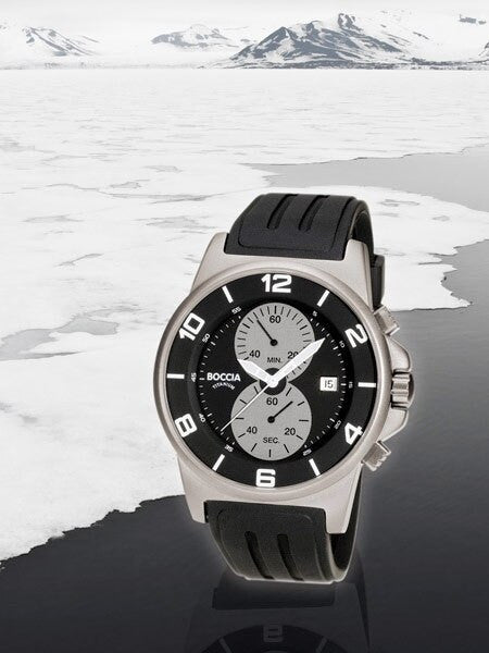 Boccia Mens Black Dial Quartz Chronograph with 45mm Titanium Case and Rubber Strap #3777-01