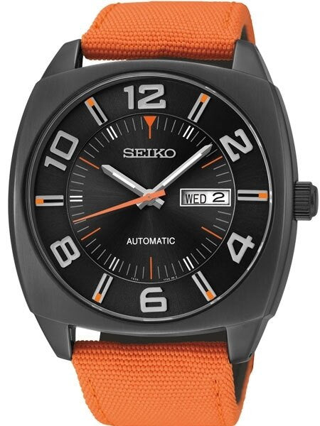 Seiko Recraft Series Automatic Watch with 43.5mm Black PVD Case, Orange Canvas Strap #SNKN39