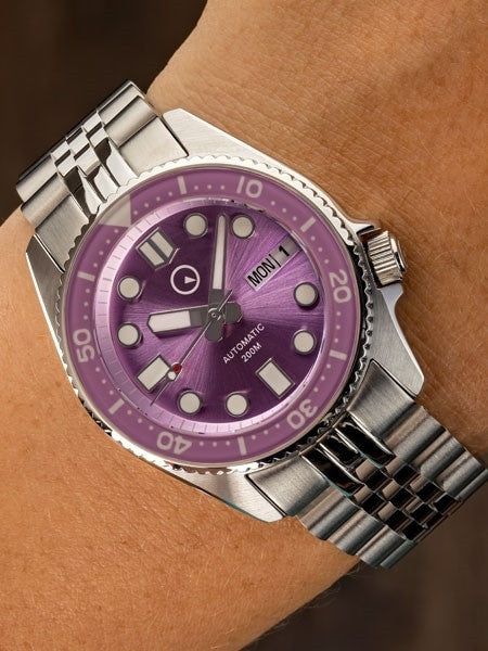 Islander 38mm Automatic Purple Dive Watch with Solid-Link Bracelet, AR Double Dome Sapphire Crystal, and Luminous Sapphire Bezel Insert #ISL-64