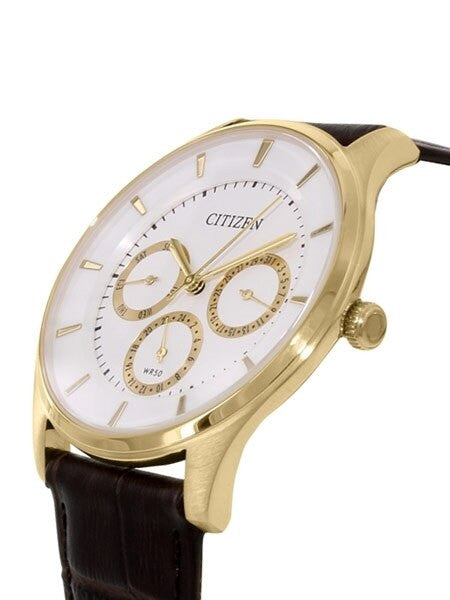 Citizen Thin Goldtone Dress Watch with Three Sub-Dials and a Leather Strap #AG8353-05A