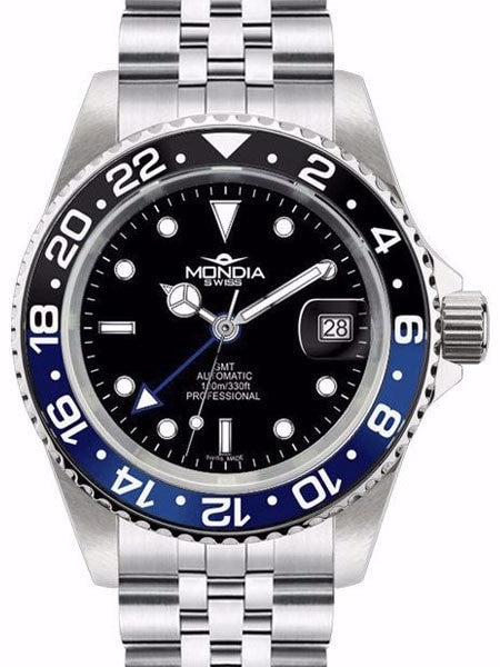 Mondia GMT, Dual-Time Watch with Swiss ETA 2893 Automatic Movement #MS-217-SSBKBL-BK-GCM