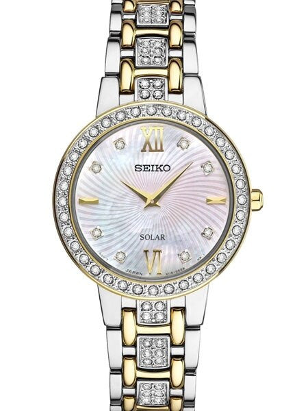 Seiko Ladies Solar Dress Watch with Swarovski Crystals, Mother of Pearl Dial #SUP360